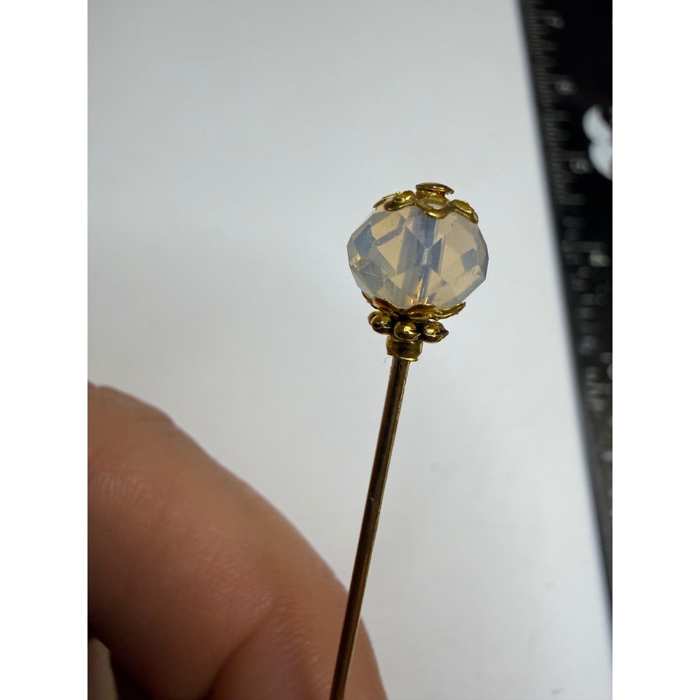 Vintage Iridescent Opaline Glass Bead Stick Pin Gold Tone Filigree Lapel Pin